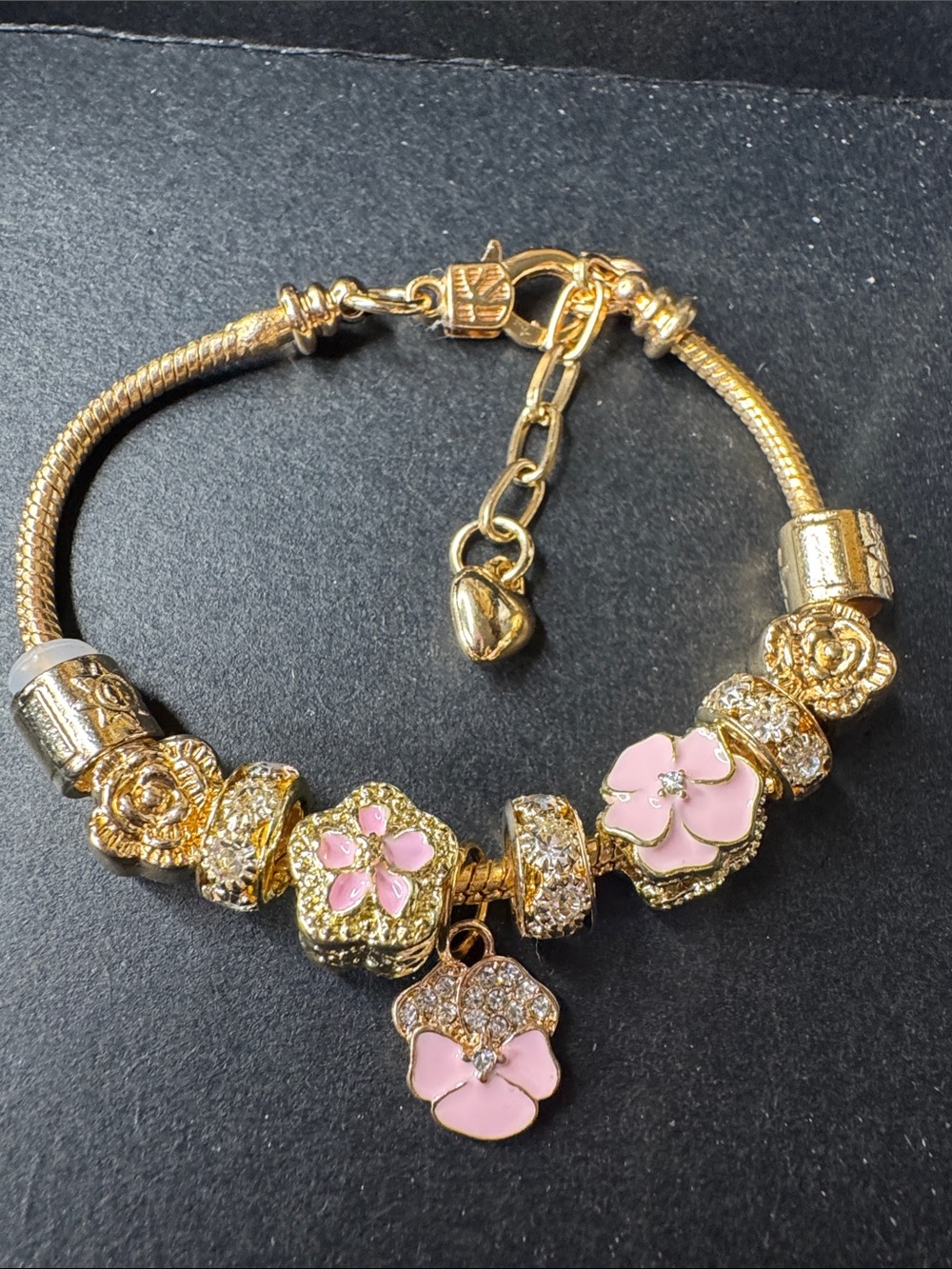 Gold Tone Women's Charm Bracelet with Pink Flower Accents